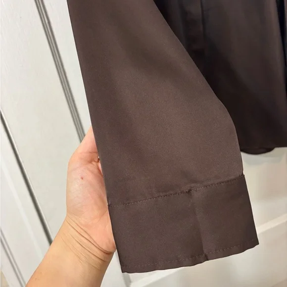 Express | Chocolate Brown Satin-esque Portofino Blouse - Picture 2 of 5